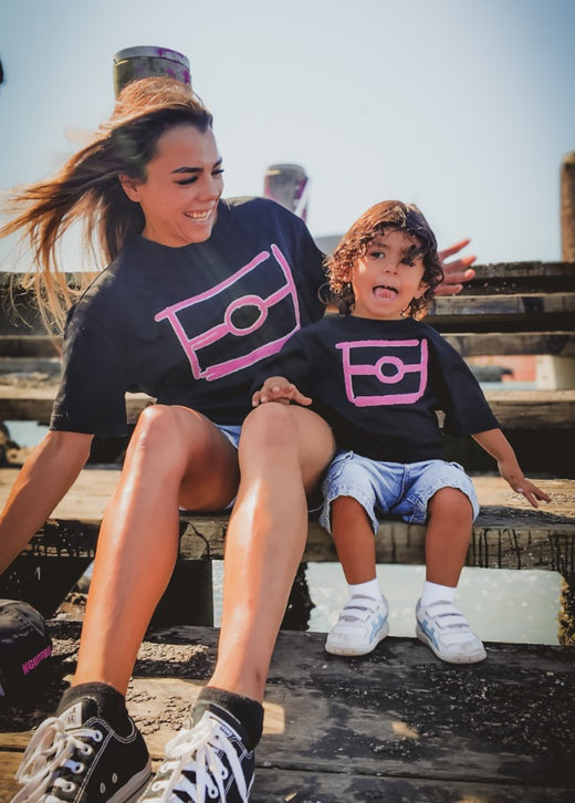Mum and kid matching in the BLK MGK Heavy Tee Pink