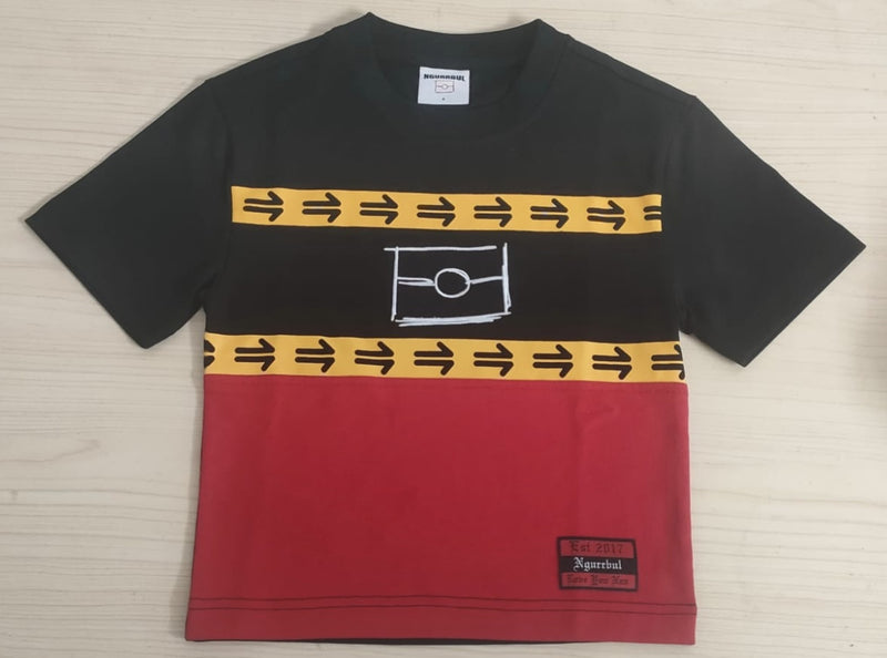 Ngurrbul Heavy tee front - embroidered Graffiti Flag logo, roo tracks and woven patch