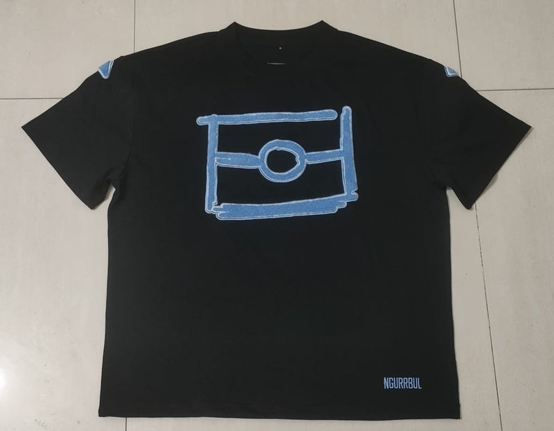 BLK MGK Heavy Tee Blue - front, Graffiti Flag logo in blue embroidery