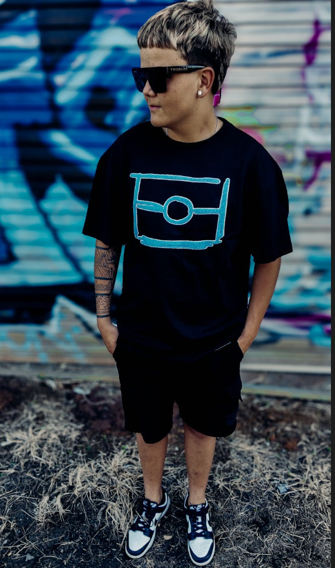 BLK MGK Heavy Tee Blue worn front-on