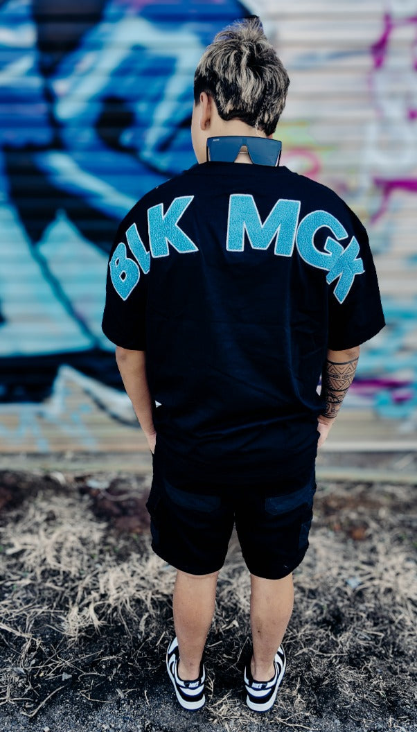 BLK MGK Heavy Tee Blue worn, back view