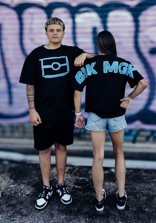 BLK MGK Heavy Tee Blue, front and back worn together