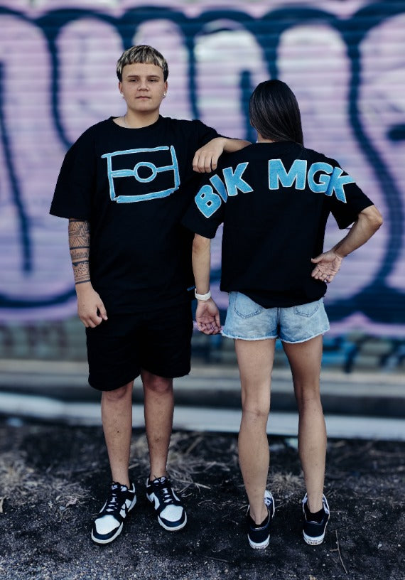 BLK MGK Heavy Tee Blue, front and back worn together