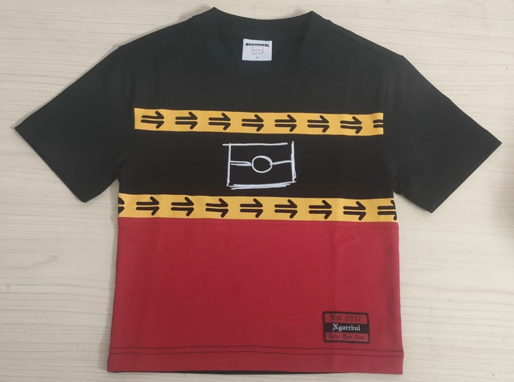 Ngurrbul Heavy tee front - embroidered Graffiti Flag logo, roo tracks and woven patch